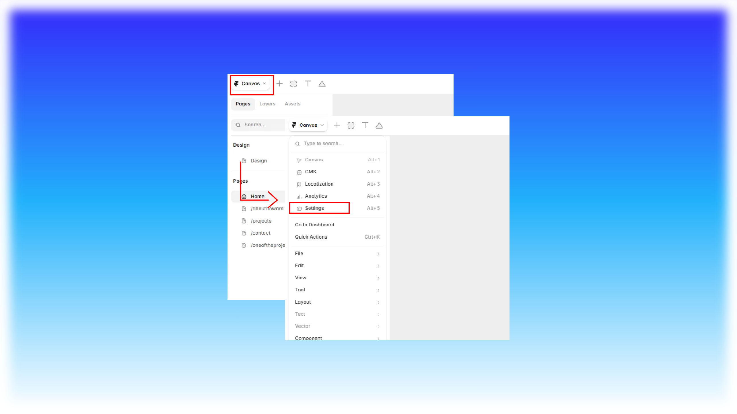 Navigating to Settings via Canvas dropdown in Framer