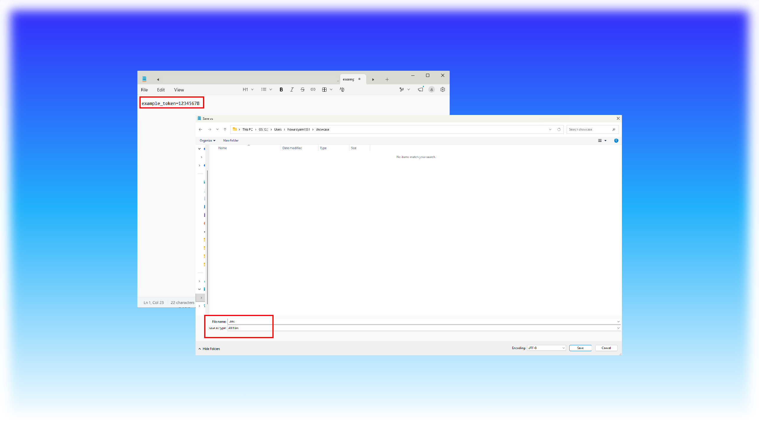 Saving .env file in Notepad with credentials