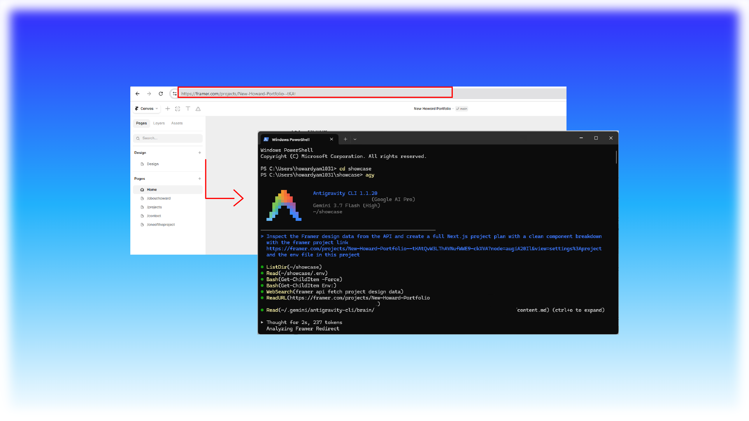Prompting Antigravity CLI with Framer project link